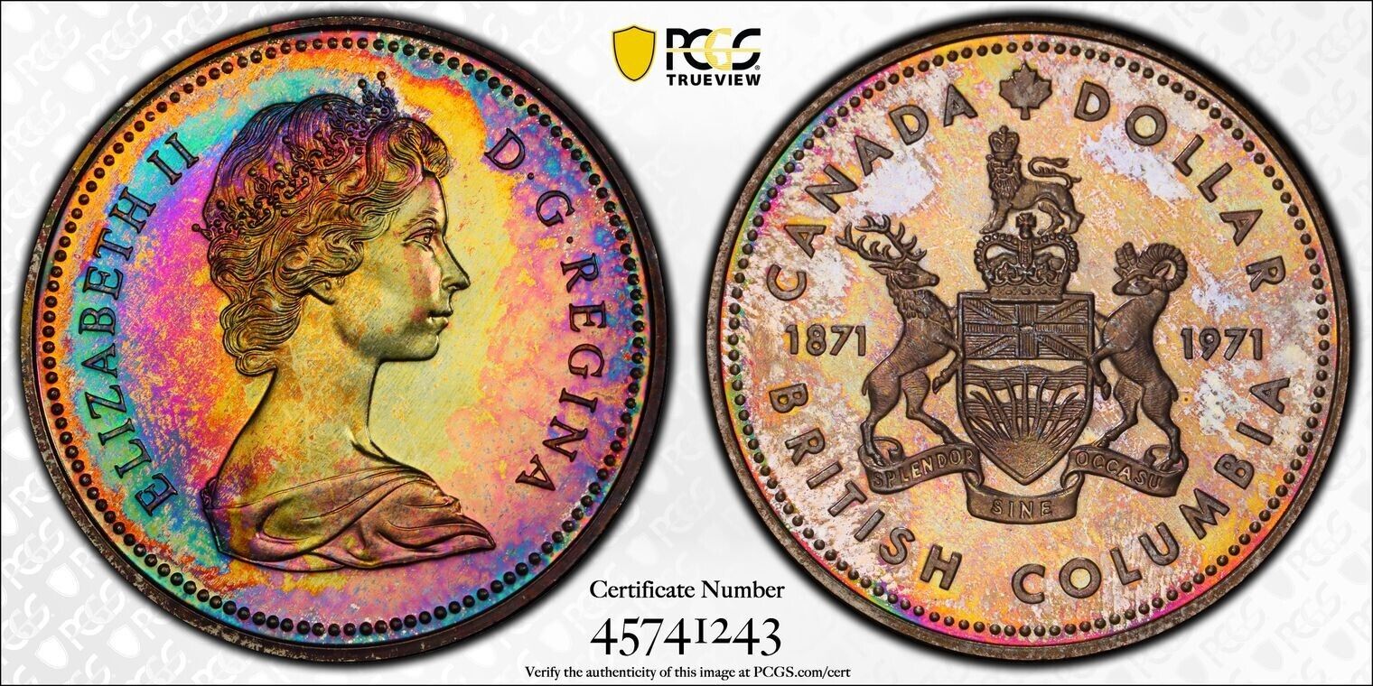 C015 Nicely toned 1971 Canada PCGS SP67 BC Commem silver Dollar.
