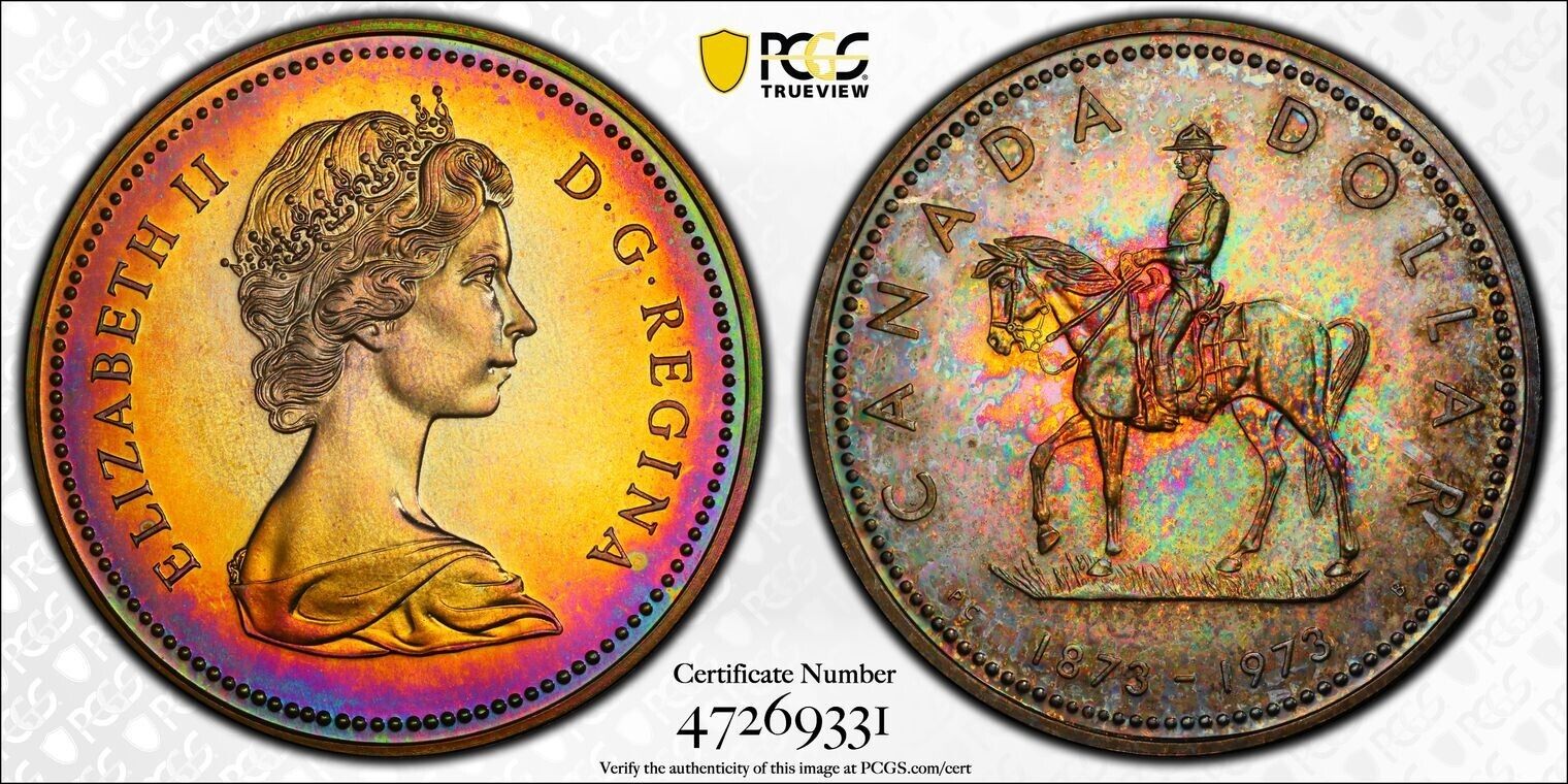 C016 Nicely toned 1973 Canada PCGS SP68 RCMP silver Dollar.