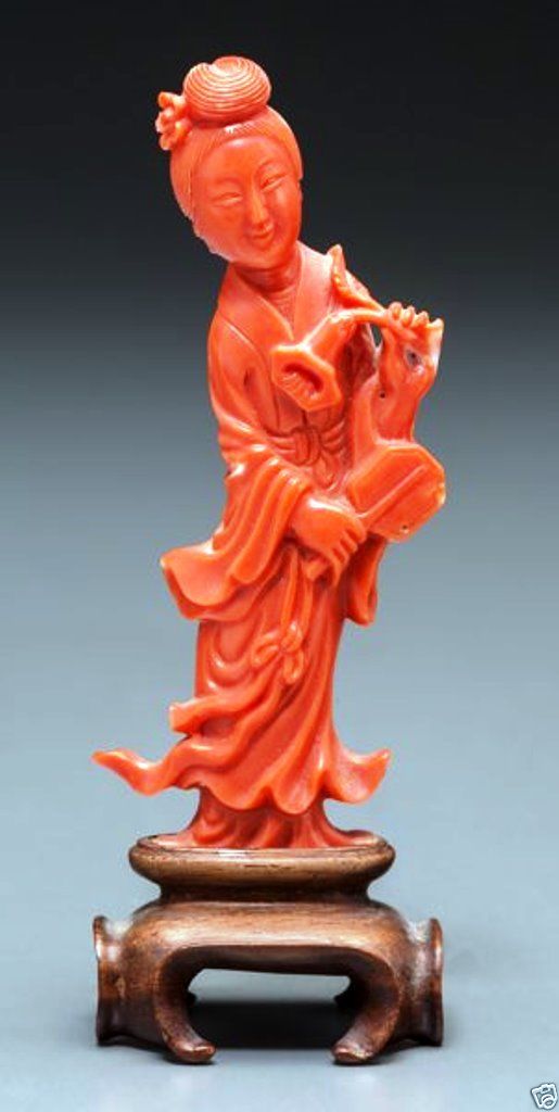 A013 Chinese carved red coral Guan yin Figure with Stand. 3-3/8